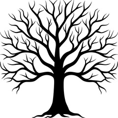 A black silhouette of a large, leafless tree with intricate