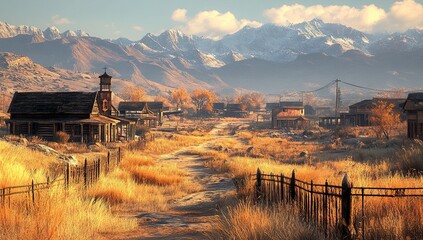 A small town in the Wild West, featuring wooden buildings and dusty streets. In front of one house stands an old fence, overgrown with dry grasses. The sun bathes the entire scene in its warm glow. 