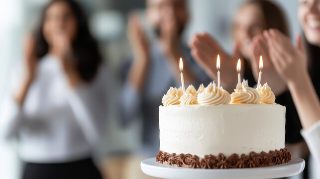 joyful celebration marks happy anniversary at work with delicious cake and cheerful applause from colleagues