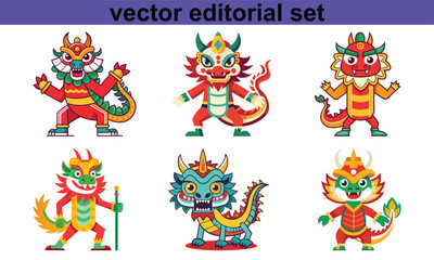 Chinese Dragon Vector Editorial Set, A vibrant set of traditional Chinese dragon illustrations in vector format, perfect for creative and editorial design projects.
