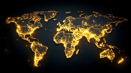 A glowing, golden-orange world map, depicted with illuminated lines outlining each country and concentrated lights signifying major population centers, against a dark background.