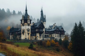 Obraz premium A large castle sits atop a lush green hillside, perfect for medieval or fantasy scenes