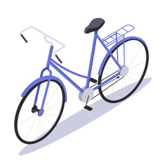 Isometric blue bicycle with a rear rack and black seat on a white background. Concept of eco-friendly transport and cycling. Vector illustration