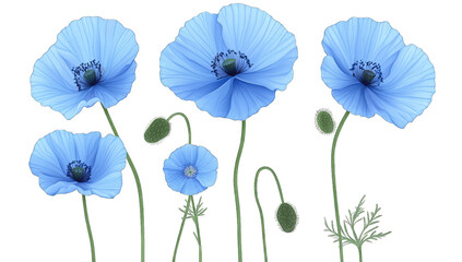 several blue poppy flowers with delicate petals and slender gree