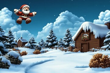 A charming pixel-art holiday postcard featuring an 8-bit Santa flying over a pixelated winter town