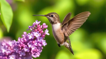 Fototapeta premium A small bird sipping nectar from a colorful bloom