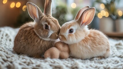 Obraz premium Adorable Baby Rabbits Snuggling Together on Cozy Blanket