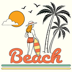 Summer Beach Scene: Girl with Surfboard, Palm Trees, Sunset