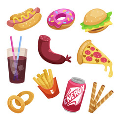 Set of fast food items including burger, pizza, fries, hot dog, sausage, donut, soda, and onion rings on a white background. Vector illustration
