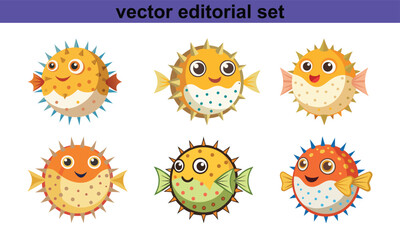 Pufferfish Vector Editorial Set, A playful set of colorful pufferfish illustrations in vector format, perfect for creative and editorial design projects.
