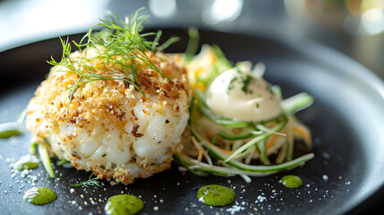 Delicious blue crab lump cake gently bound with crispy breadcrumbs and served with fresh greens on a plate