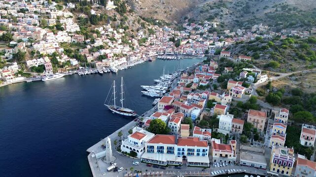 Aerial View of Symi Harbor: Stunning Coastal Beauty, Dodecanese Islands Greece 4K Footage