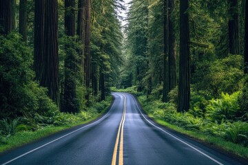 Obraz premium A secluded road runs through dense foliage in a peaceful forest setting, great for scenic or travel use