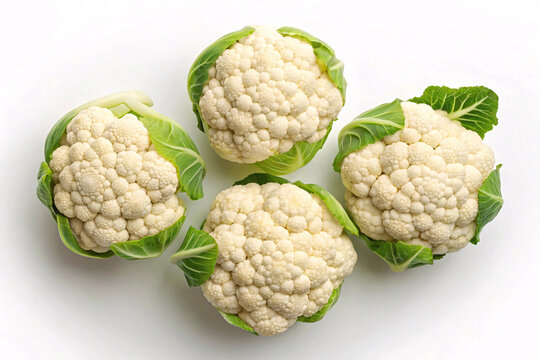 Fresh organic cauliflower heads with green leaves on white background.