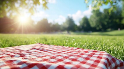 Summer Picnic Background – Checkered Tablecloth on Grass