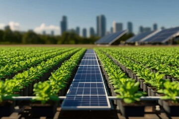 Obraz premium Urban Oasis: A Rooftop Vertical Farm Thriving Amidst the Bustling Metropolis