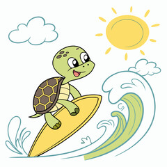 Adorable Turtle Surfing Summer Wave, Cartoon Illustration