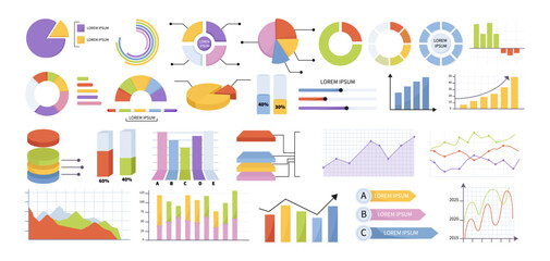 Set of colorful data visualization elements, including pie charts, bar graphs, and line charts on a white background. Business and analytics concept. Vector illustration