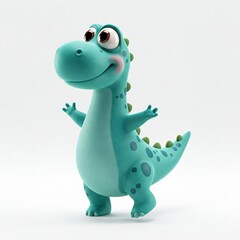 Fototapeta premium Cute cartoon dinosaur with blue-green skin, big eyes, and small spikes, standing upright in a playful pose. 