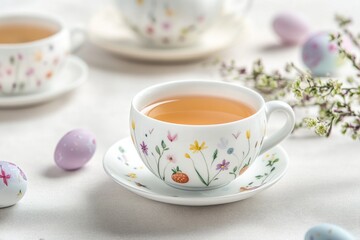 A simple breakfast setting with a cup of tea and some eggs on a table