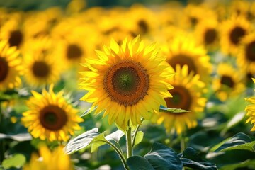 Fototapeta premium A bright and cheerful image of sunflowers in full bloom, with lush green leaves and vibrant yellow petals