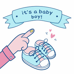 It's a Baby Boy! Cute Announcement with Baby Shoes and Hand