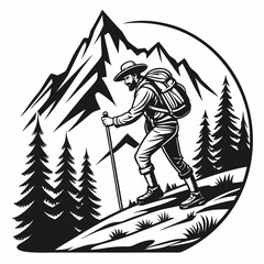 Bearded Hiker Ascending Mountain Trail, Vintage Black and White Illustration