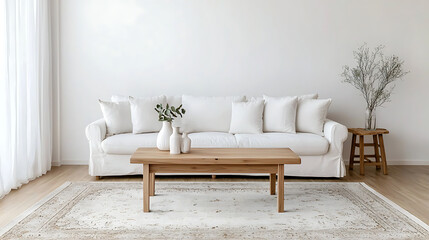 Fototapeta premium A living room with a white couch, coffee table, and a vase with flowers on it