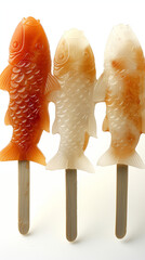 Small fish flavor ice brick are strung with flat wooden stick that like strange shapes ice cream bar