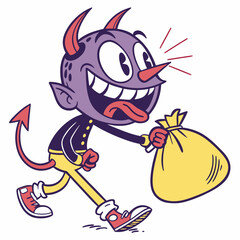 Cheerful Cartoon Devil Carrying a Trash Bag, Retro Style Illustration