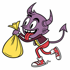 Mischievous Cartoon Devil Carrying a Yellow Sack, Retro Style Illustration