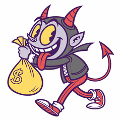 Cartoon Devil Running with Money Bag, Retro Style Illustration