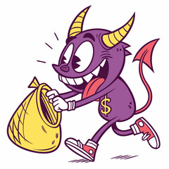 Joyful Cartoon Devil Running with Money Bag, Retro Style Illustration