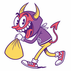 Joyful Cartoon Devil Running with Money Bag, Retro Style Illustration