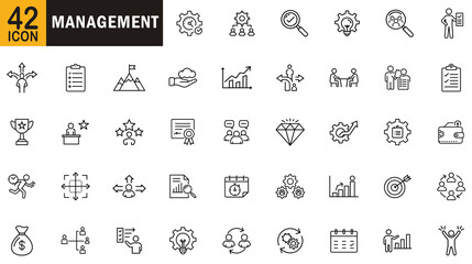 Management editable outline icon set. strategy, planning, organization, leadership, teamwork, project management and more.
