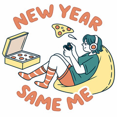 New Year, Same Me: Gamer Relaxing with Pizza and Controller