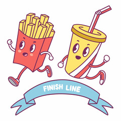 Fast Food Race: Cute French Fries and Soda Cup Cartoon Characters Crossing Finish Line