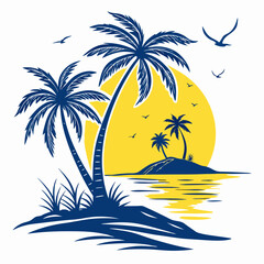 Tropical Island Sunset Silhouette with Palm Trees and Birds