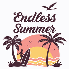 Endless Summer: Surfer Silhouette at Sunset with Palm Trees