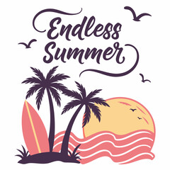 Naklejka premium Endless Summer: Palm Trees, Surfboard, and Sunset Beach Scene