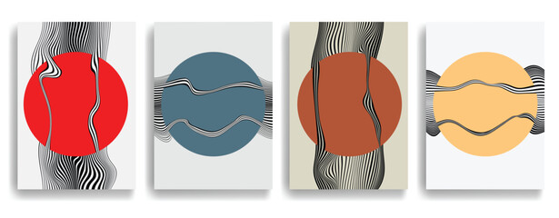 Fototapeta premium Glitch distorted geometric template brochures . Modern art design . Glitched flyer . Optical art. Trendy brochure with vector lines and circles .flyer with wavy lines effects . set of vector templates