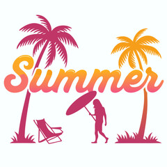 Summer Vacation: Woman Walking on Beach with Palm Trees and Beach Chair