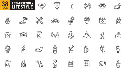 Eco Friendly Lifestyle editable outline icon set. Reusable bag, zero waste, recycling, biodegradable, composting and more.