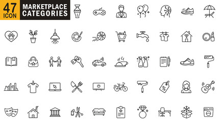 Marketplace Categories editable outline icon set. Electronics, fashion, clothing, accessories, footwear, beauty, cosmetics and more.