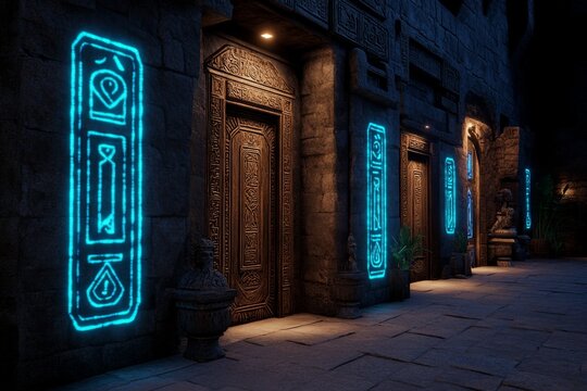 A dungeon corridor lined with ancient wooden doors, each marked with cryptic symbols and glowing runes