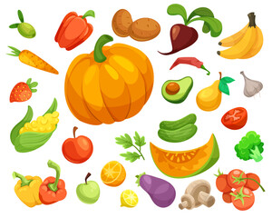 Various vegetables and fruits set in a colorful vector style on a white background. Concept of healthy food, vitamins, and organic nutrition. Vector illustration
