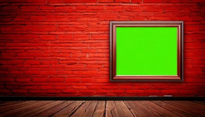 Modern red brick wall featuring a centered green screen picture frame


