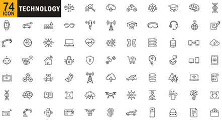 Technology editable outline icon set. Laptop, Computer, Neural network , ai, cloud computer, headphone and more.