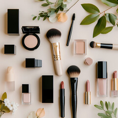Overhead shot of assorted makeup products with brushes and greenery on a light surface
