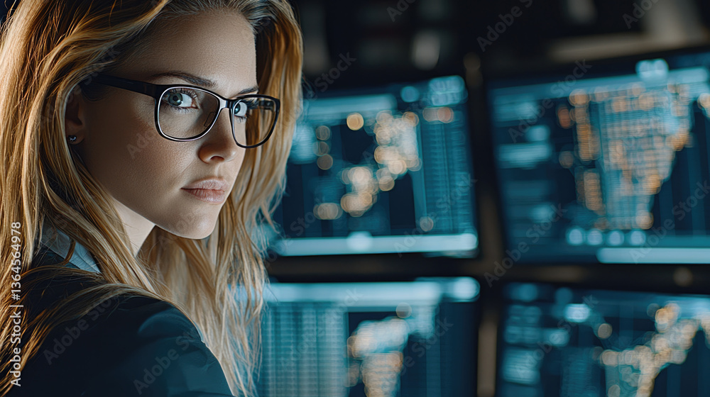 Leinwandbilder female cybersecurity professional with glasses, focused on multiple screens displaying data and anal